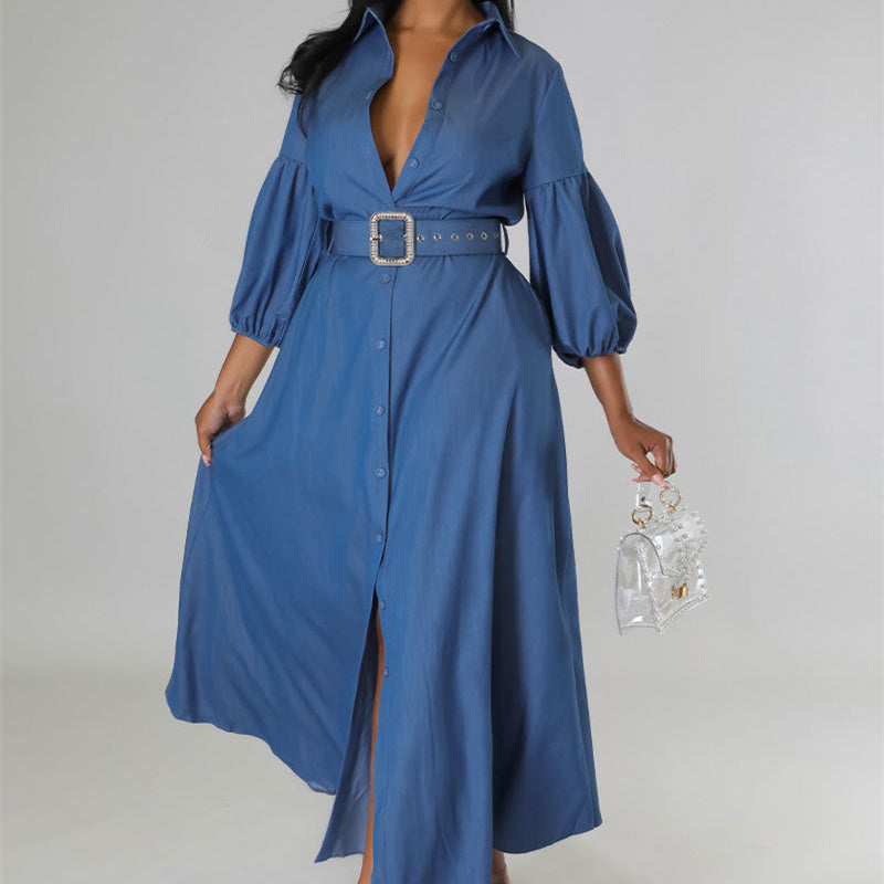 Blue Denim Button-Up Long Balloon Sleeve Maxi Jean Dress