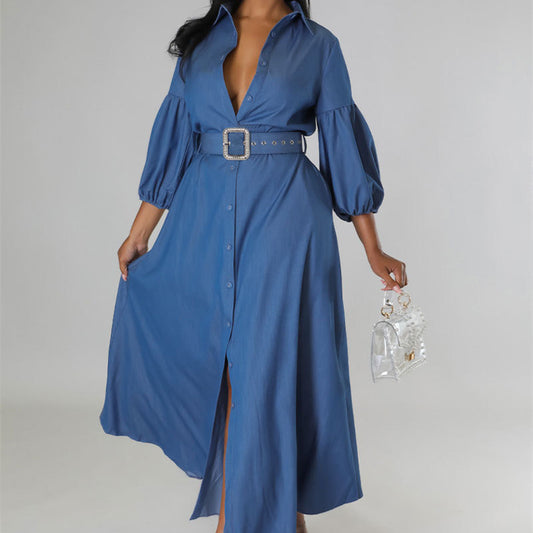 Blue Denim Button-Up Long Balloon Sleeve Maxi Jean Dress