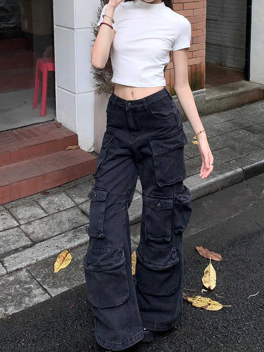 Black Washed Faded  Multi-Pocketed Women's Loose Wide Leg Cargo Jeans to 4X Plus Size