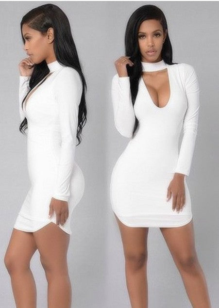 Sexy Skinny Fit Hollow-Out Solid Color Long Sleeve Club Party Mini Dress