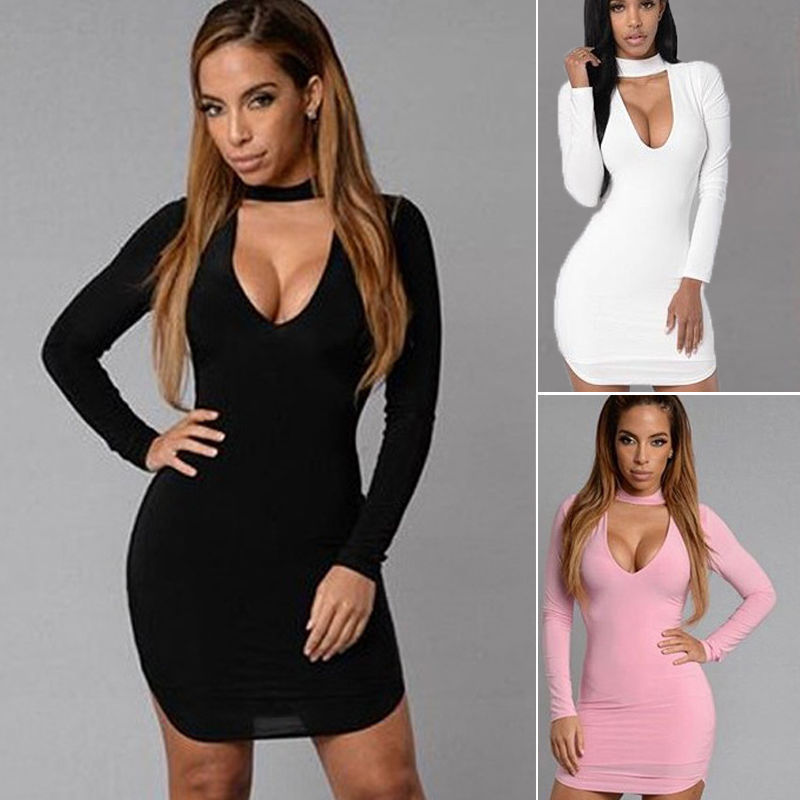 Sexy Skinny Fit Hollow-Out Solid Color Long Sleeve Club Party Mini Dress