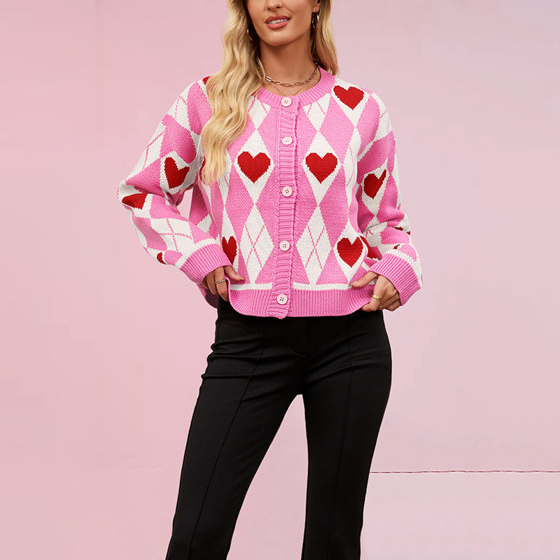 Valentine Heart Argyle Plaid Print Women's Knitted Button-Up Cardigan Sweater