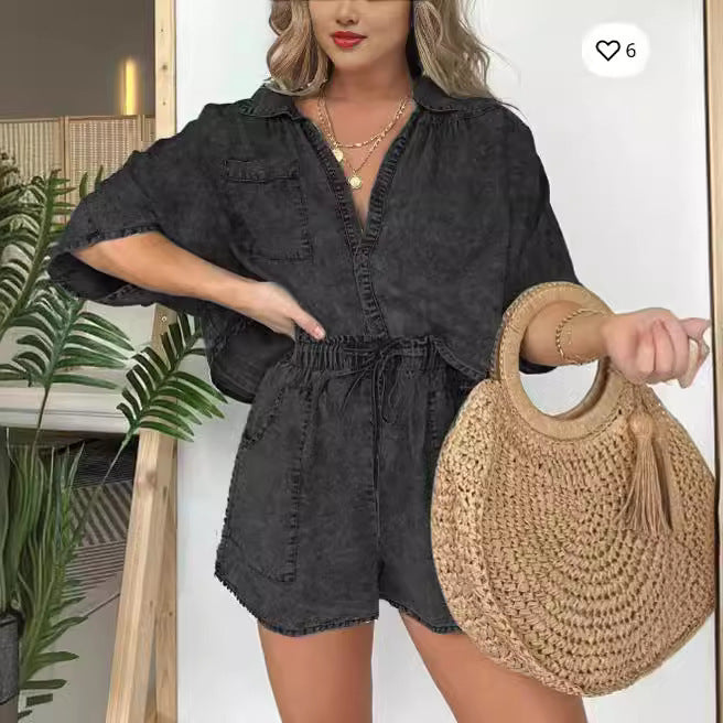 Loose Denim Women's Batwing Short Sleeve Button-Up Shirt + Drawstring Pocketed Shorts 2-Piece Set to 3X Plus Size