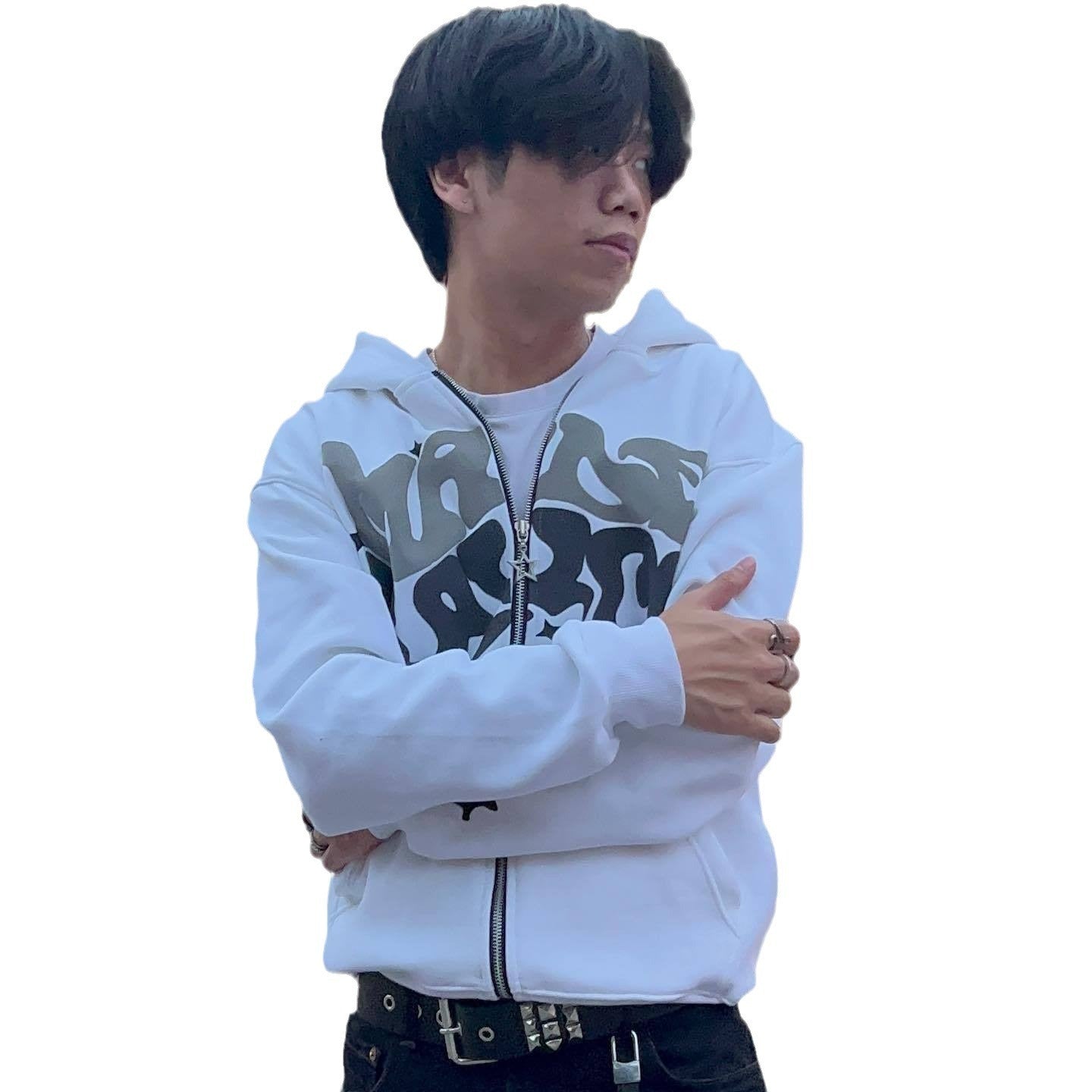 Men's Squiggly Letter Print Zipper Hoodie Sweatshirt