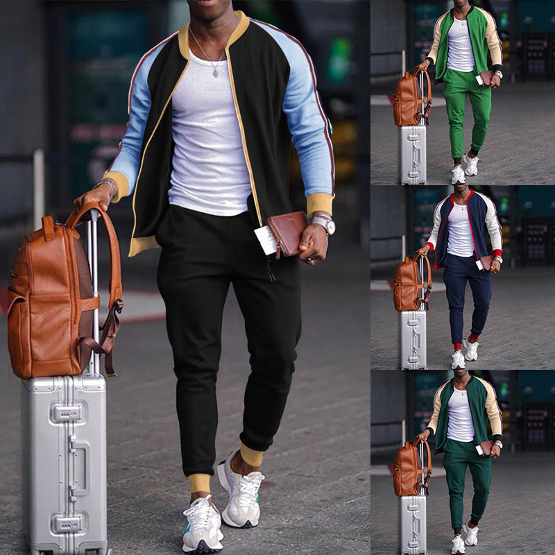 Men's Colorblock O-Neck Zipper Bomber Jacket + Skinny Jogger Sweatpants Tracksuit