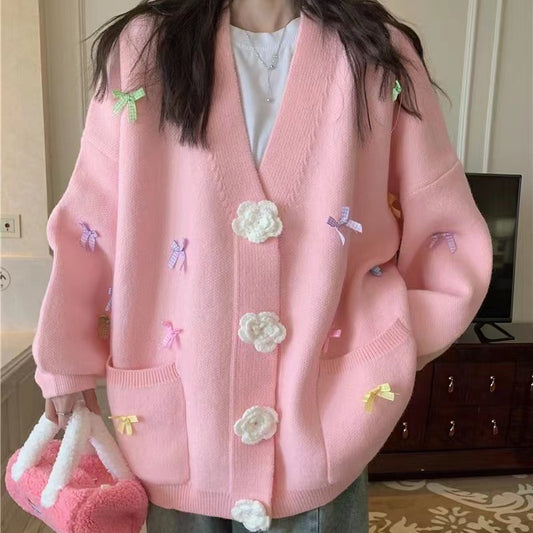 Bowknot Flower Embroidered Oversized Knitted Cardigan Women's Sweater
