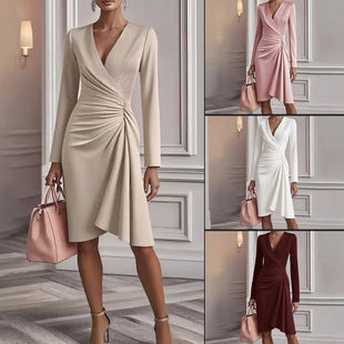 Wrapped V-Neck Solid Color Skinny Fit Long Sleeve Pleated Design Midi Office Dress