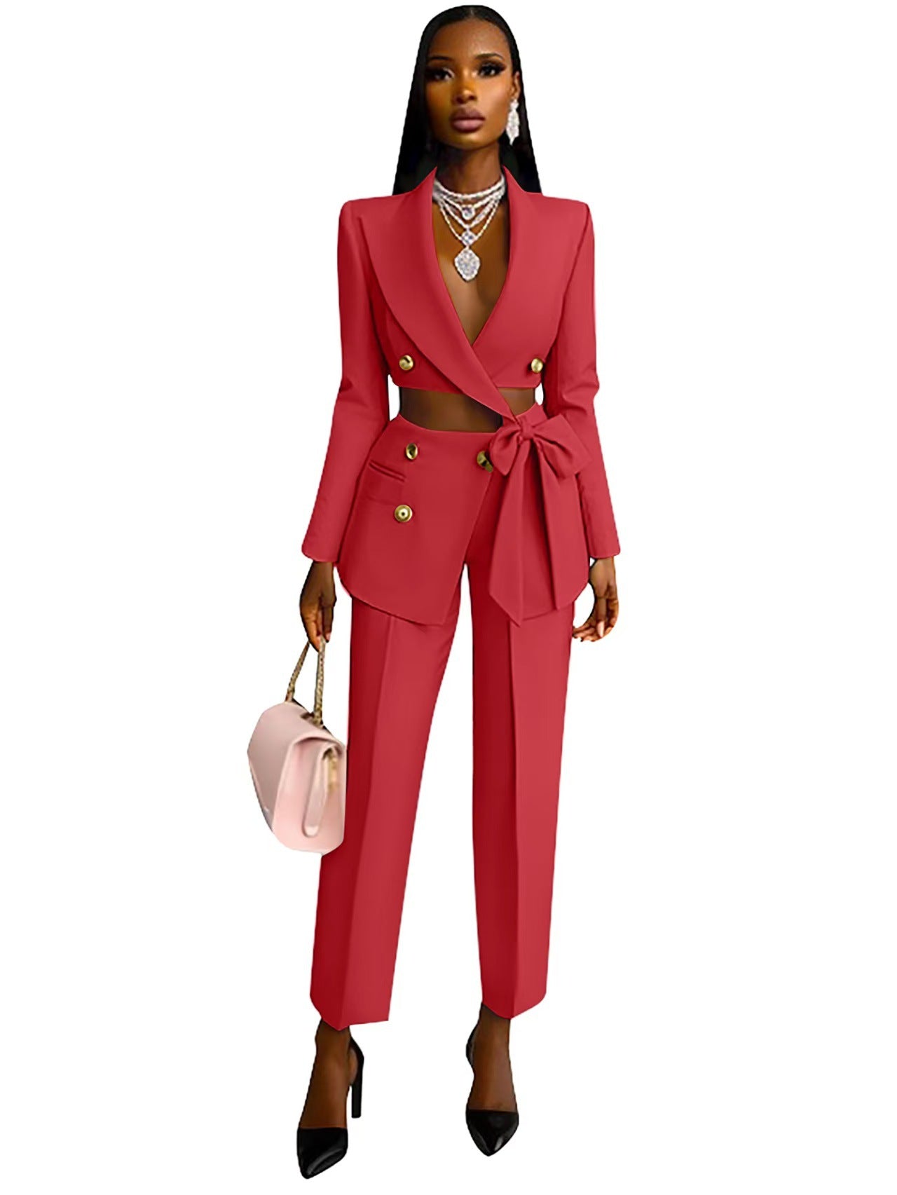 Cropped Hollow-Out Design Women's Sash Belted Blazer Jacket + Irregular Pants Suit