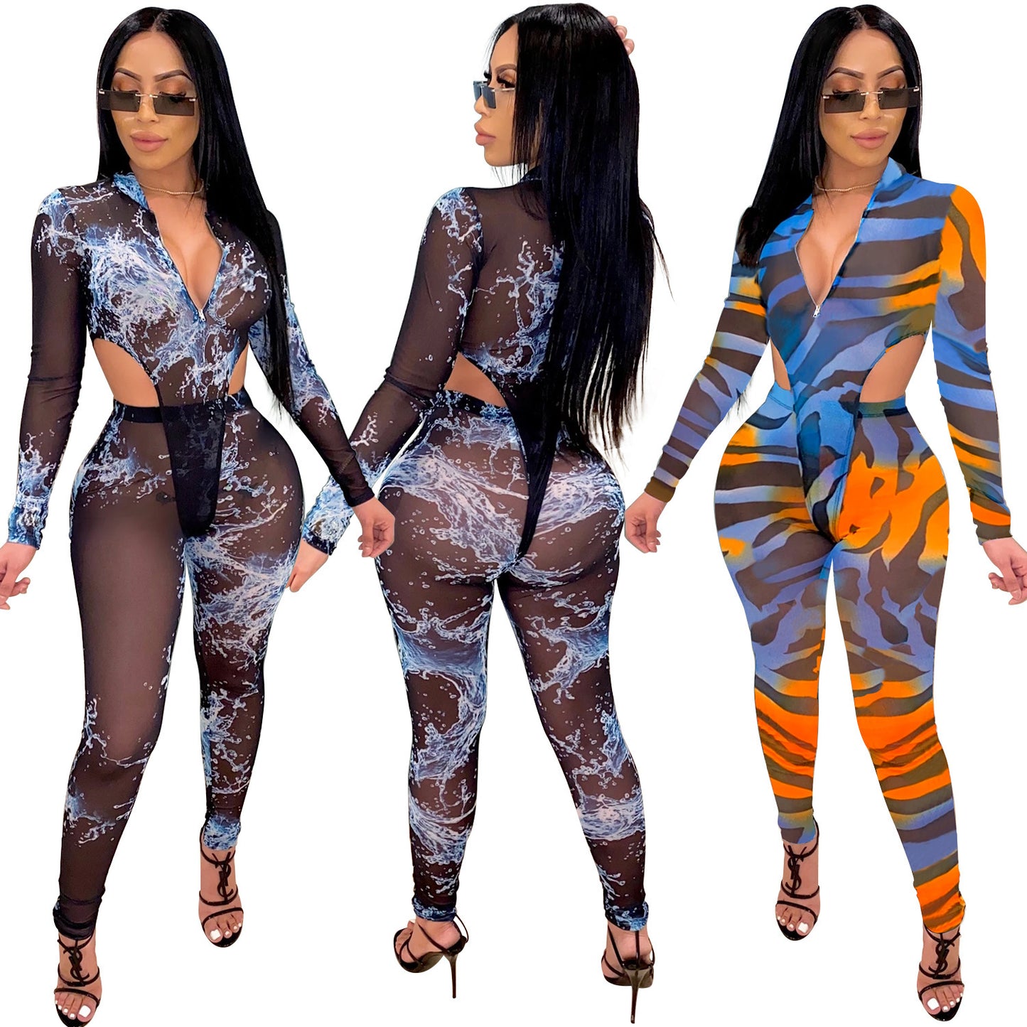 Mesh Sheer Transparent Geometric V-Neck Tropical/Graffiti Print Long Sleeve Crop Top + Skin Tight Leggings Women's 2-Piece Set