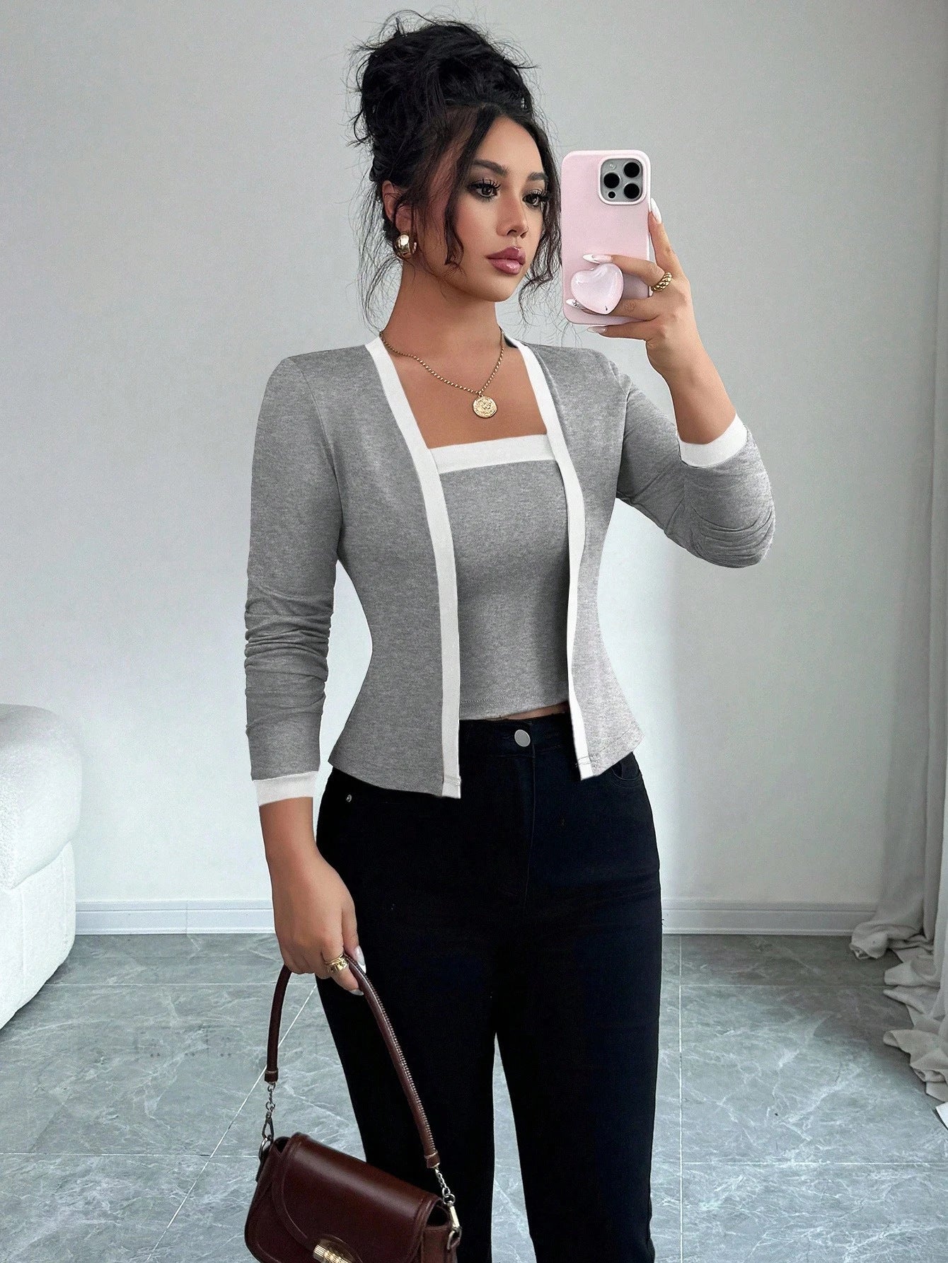 Colorblock Women's Cardigan Blazer Jacket + Vest 2-Piece Office Top