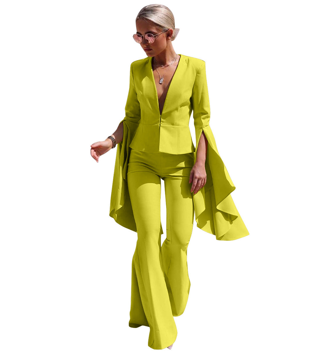 Irregular Oversized Split Ruffle Sleeve Women's Blazer Jacket + Flared Pants Suit to 3X Plus Size