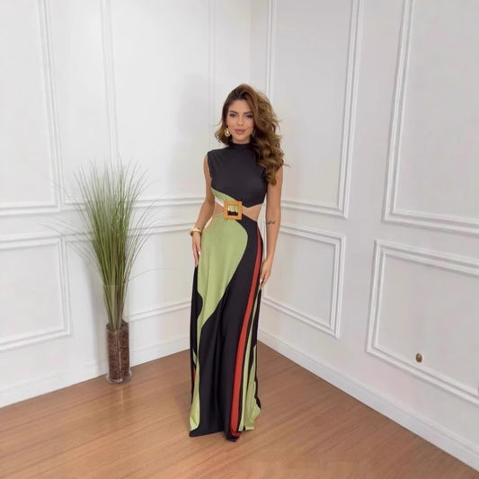 Sleeveless Colorblock Cold Shoulder Hollow-Out Backless Maxi Dress