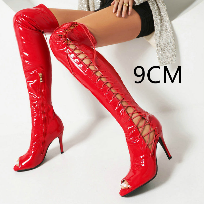 Patent Leather Peep Toe Lace-Up Women's Stiletto Heel Over-the-knee Boots