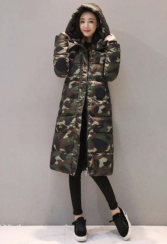 Quilted Camoflauge Multi-Colored Women's Hooded Trenchcoat to 3X Plus Size