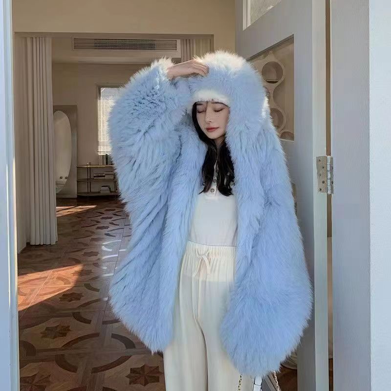 Shaggy Faux Fur Long Sleeve Women's Streetwear Hooded Jacket