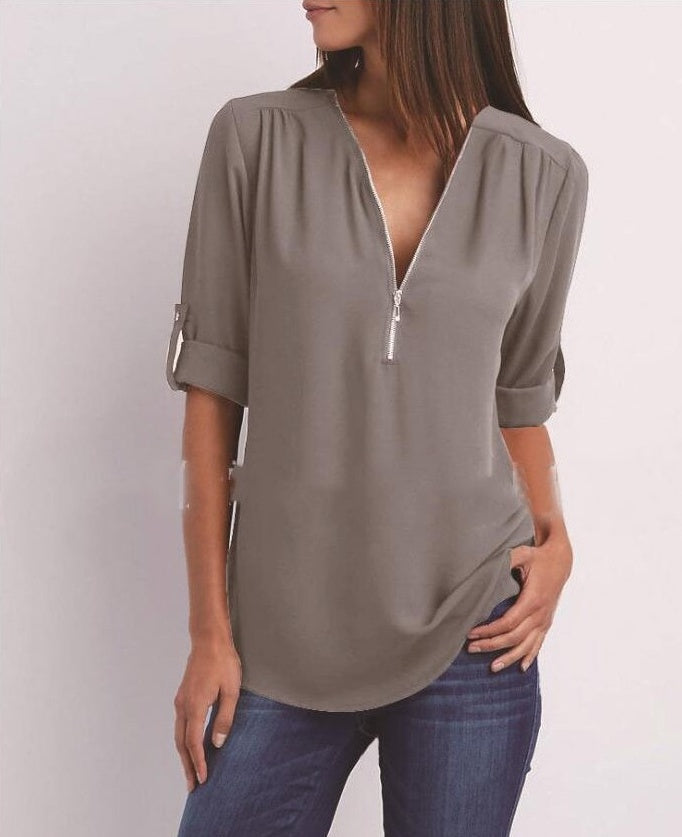 Solid Color V-Neck Short Sleeve Women's Zipper Shirt to 5X Plus Size