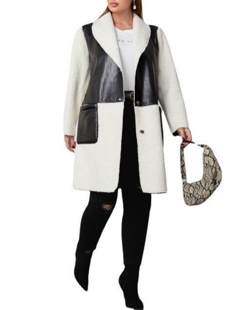 Colorblock Black/White Long Sleeve Loose Women's Commuter Faux Leather Coat to 3X Plus Size