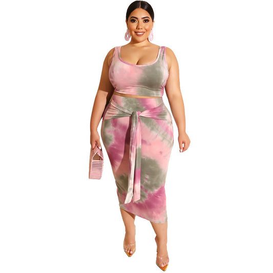 Tie-Dye Print Women's Sleeveless Crop Tank Top + Lace-Up Skirt 2-Piece Set to 5X Plus Size