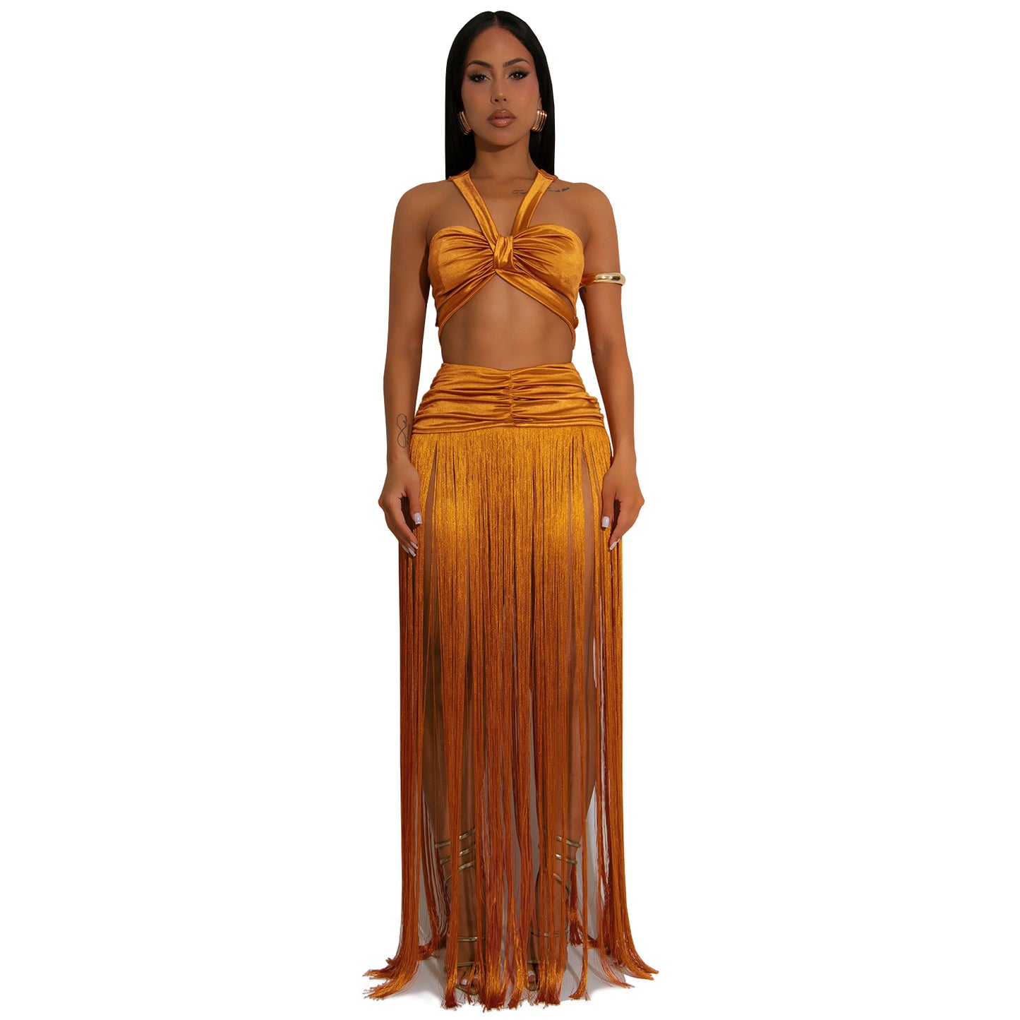 Sleeveless Criss-Cross Back Crop Top + Tassel Fringe Maxi Skirt Women's 2-Piece Set