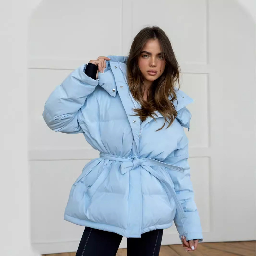 Ribbed Padded Solid Color Women's Zipper Puffer Sash Belted Down Hoodie Coat