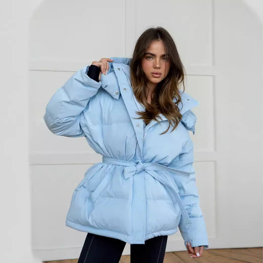Ribbed Padded Solid Color Women's Zipper Puffer Sash Belted Down Hoodie Coat