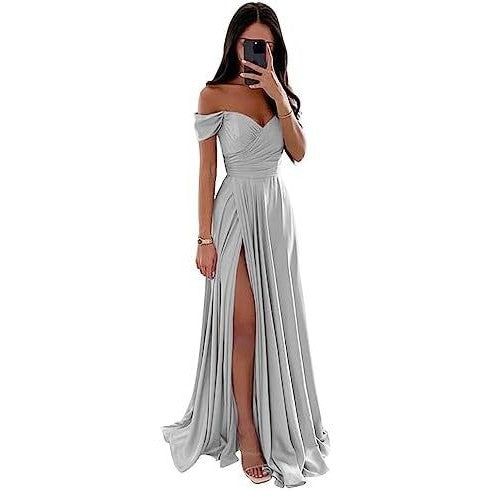 Off-the-Shoulder Corset Design Cinched Waist Solid Color Temperament Bridesmaid/Party Formal Maxi Dress