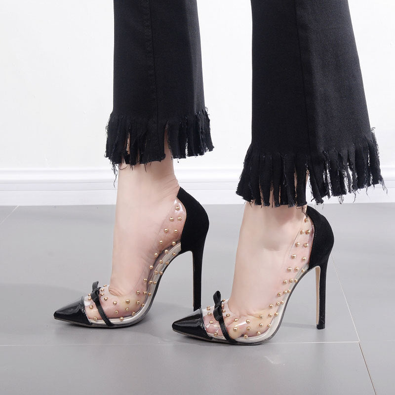 Gold Studded PVC Transparent Bow Design Women's Stiletto Heel Pumps
