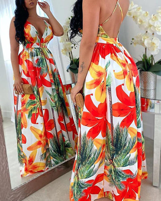 Floral Tropical Hawaiian Print V-Neck Sleeveless Backless Cross-Strap Maxi Dress