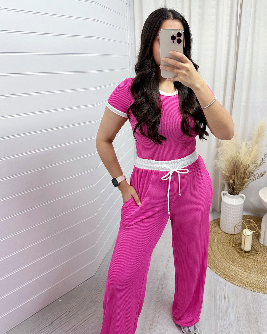 Side Striped Colorblock O-Neck Women's Short Sleeve T-Shirt + Drawstring Wide Leg Pants 2-Piece Set