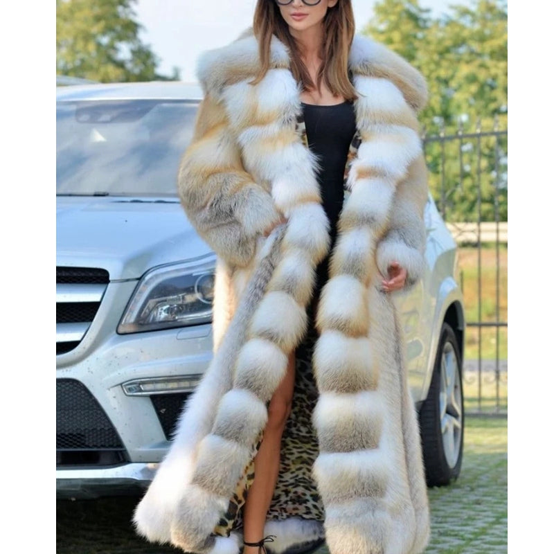 White/Gold Faux Fur Colorblock Women's Oversized Hooded Trenchcoat