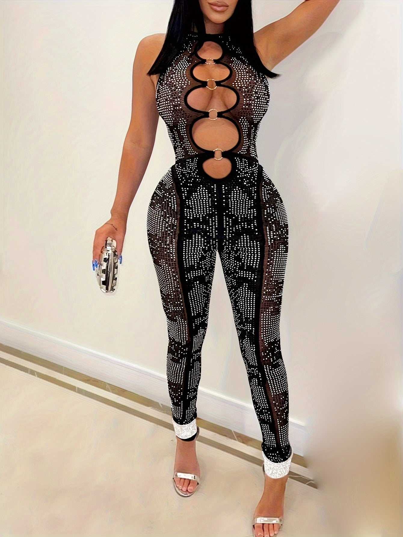 Black Metallic Rhinestone Hollow-Out Mesh Hot Drill Sleeveless Skin Tight Women'S Jumpsuit