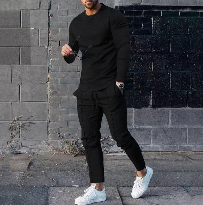 Men's Solid Color 3D Digital Print Long Sleeve O-Neck T-Shirt + Drawstring Pocketed Sweatpants 2-Piece Set