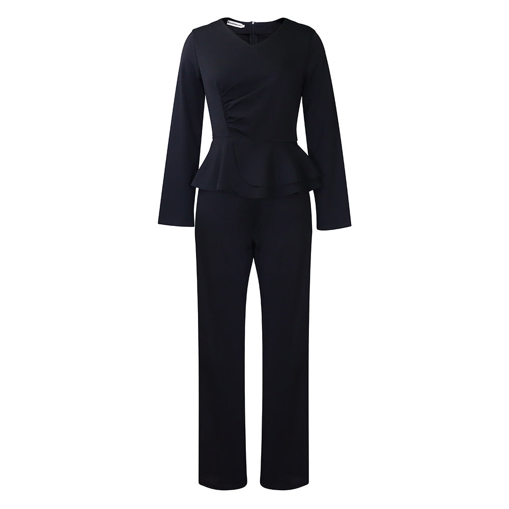 Fashion OL Ruffled V-neck Top Pants European And American Two-piece Set