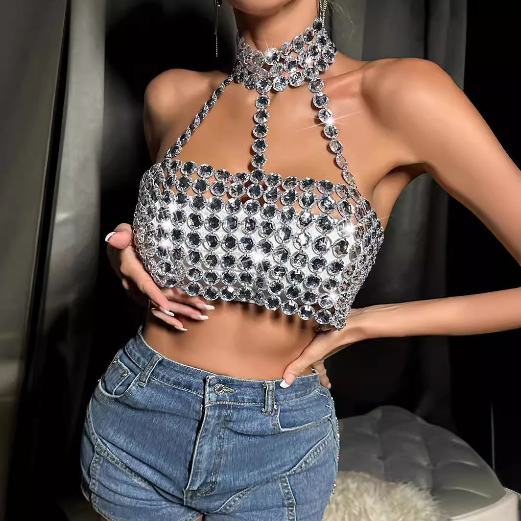 Metallic Gem Embroidery Choker Neck Backless Women's Cami Xrop Halter Tube Top