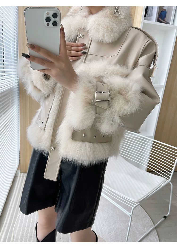 Vintage PU Leather Patchwork Colorblock Faux Fur Lined Stitched Women's Jacket