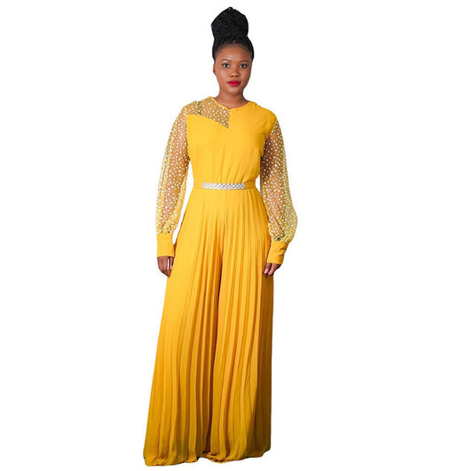 Pleated Sheer Pearl Embellished Transparent Wide Leg Pants Jumpsuit to 6X Plus Size