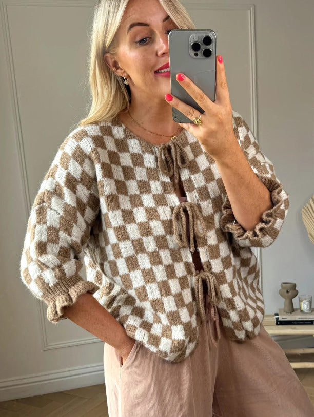 Plaid Checker Colorblock Print Bowknot Design Women's 1/2 Sleeve Sweater