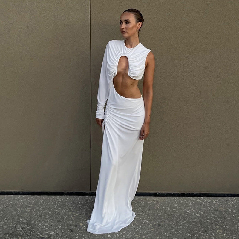 White Ruched Irregular Hollow-Out One Sleeve High Slit Maxi Dress