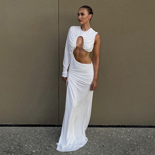 White Ruched Irregular Hollow-Out One Sleeve High Slit Maxi Dress