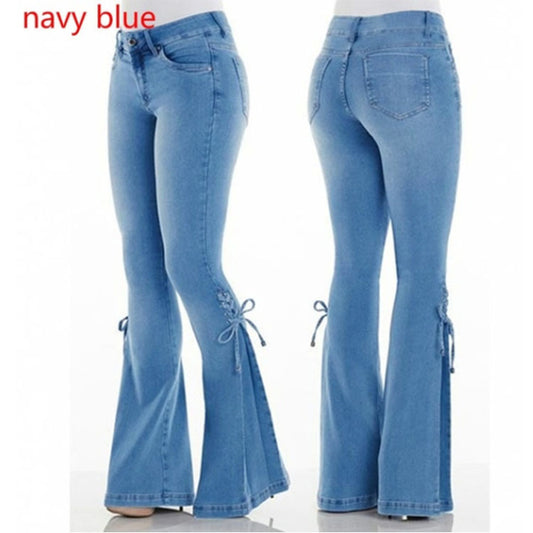 Denim Bowknot Detail Stretch Women's Flared Leg BellBottom Jeans