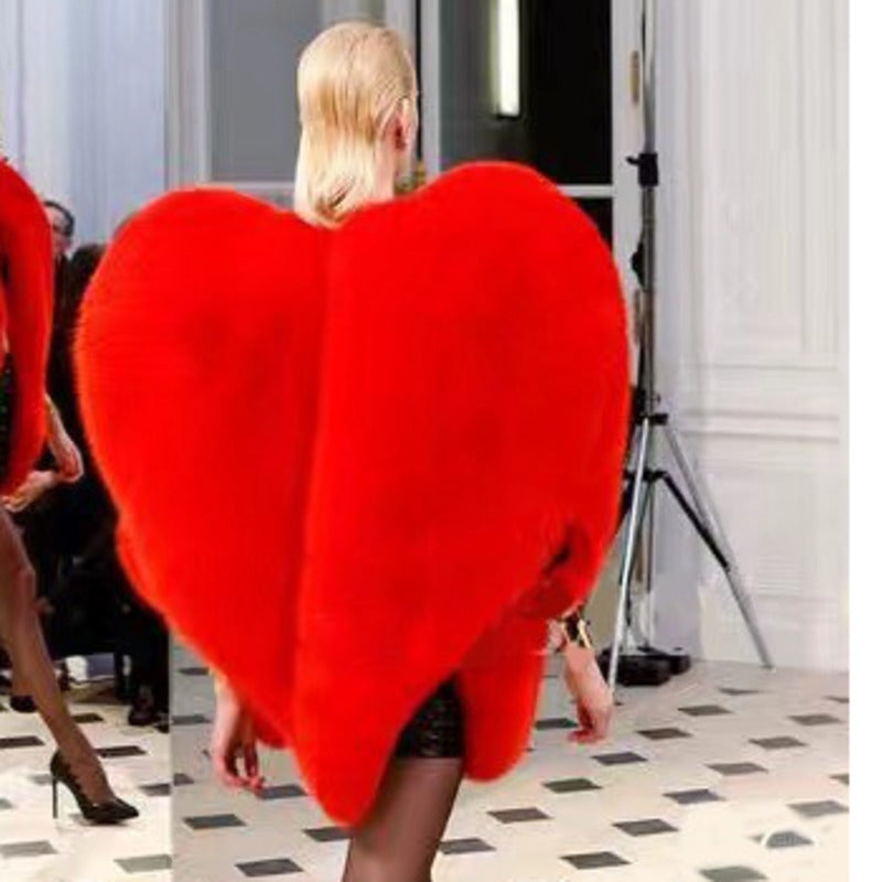 Faux Fur Oversized Red Angel Wing Heart Women's Cape Jacket