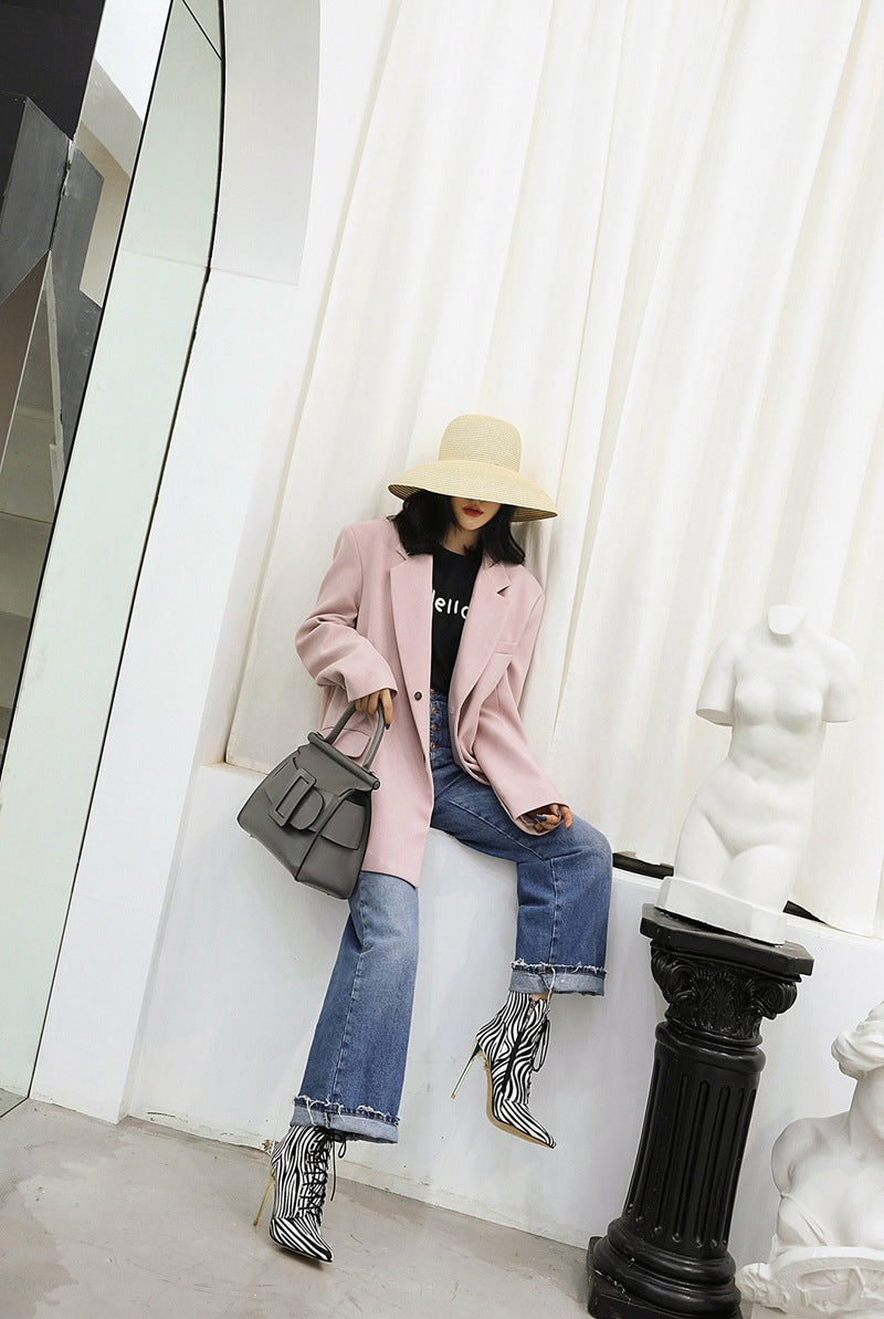 Zebra Print Women's Lace-Up Pointed Toe Gold Metal Stiletto Heel Martin Ankle Boots