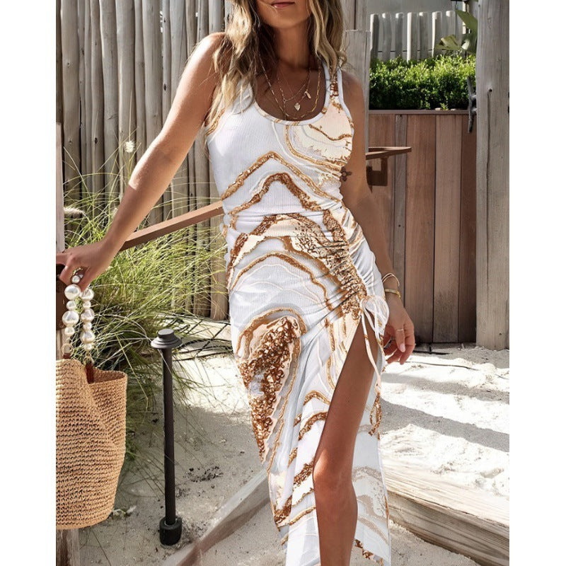 Sleeveless Striped/Butterfly/Colorblock/Floral/Solid Color Ruched High Slit Drawstring Maxi Dress