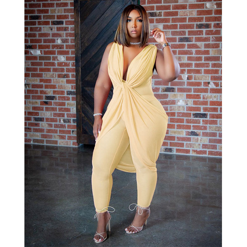 Sleeveless Ruched Milk Silk Deep V-Neck Layered Jumpsuit to 4X Plus Size