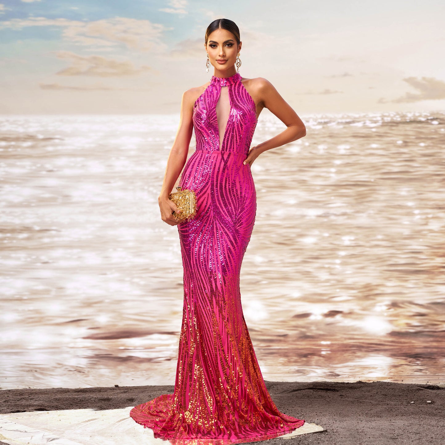 Magenta Seqiuned Sleeveless O-Neck Hollow-Out Skinny Fishtail Floor-Length Formal Evening Party/Prom Dress
