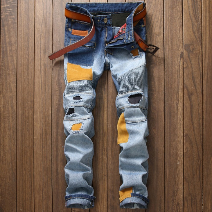 Men's Ripped Washed Colorblock Ruched Skinny Cargo Jeans