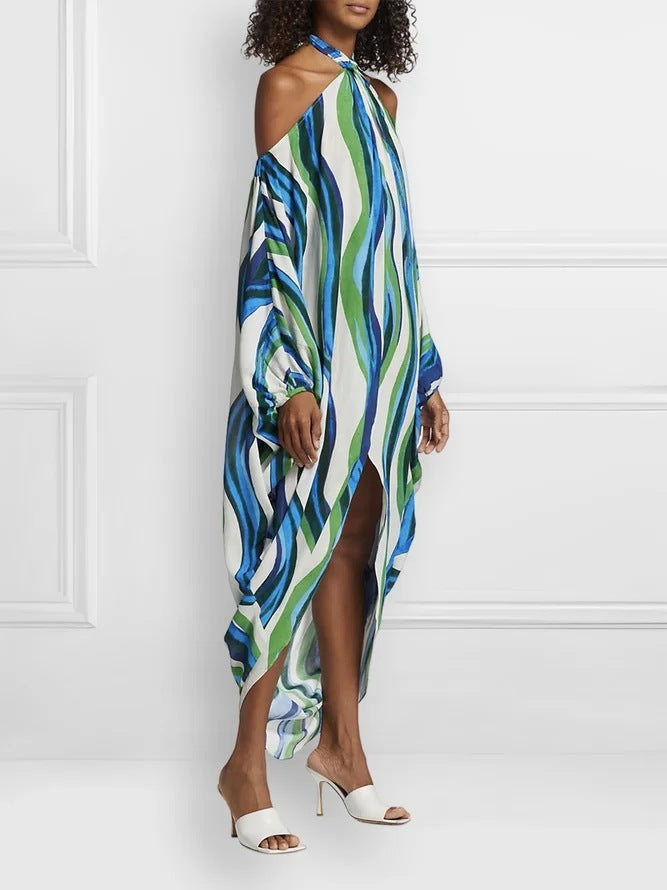 Open Shoulder Rainbow Striped Long Sleeve Loose Maxi Dress