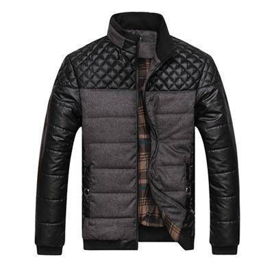 Men's Ribbed PU Leather Grid Patchwork Design Zipper Jacket
