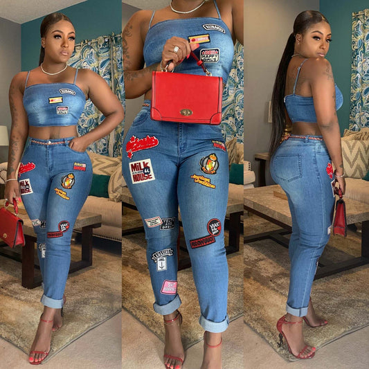Denim Streetwear Cartoon Patchwork Design Women's Tube Top + Skinny Cuffed Jeans 2-Piece Set