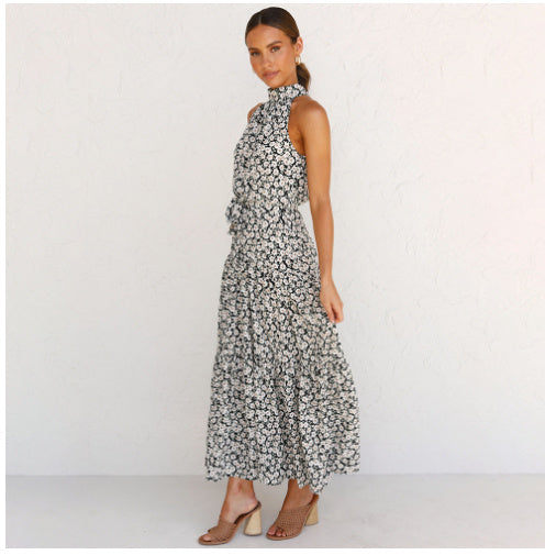 Sleeveless Polka Dot Print Tiered Mock Neck Sash Belt Maxi Dress